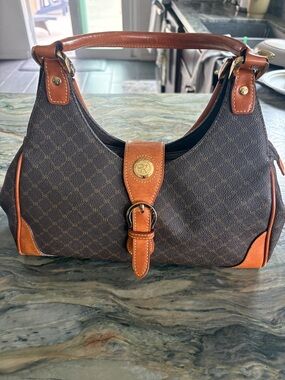 Rioni Classic Brown Monogram Hobo Bag with Tan Leather Trim